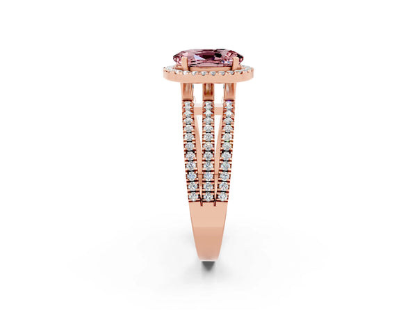 Rose gold Oval Cut Morganite Halo Engagement Ring with Split Shank and Four-Prong Setting