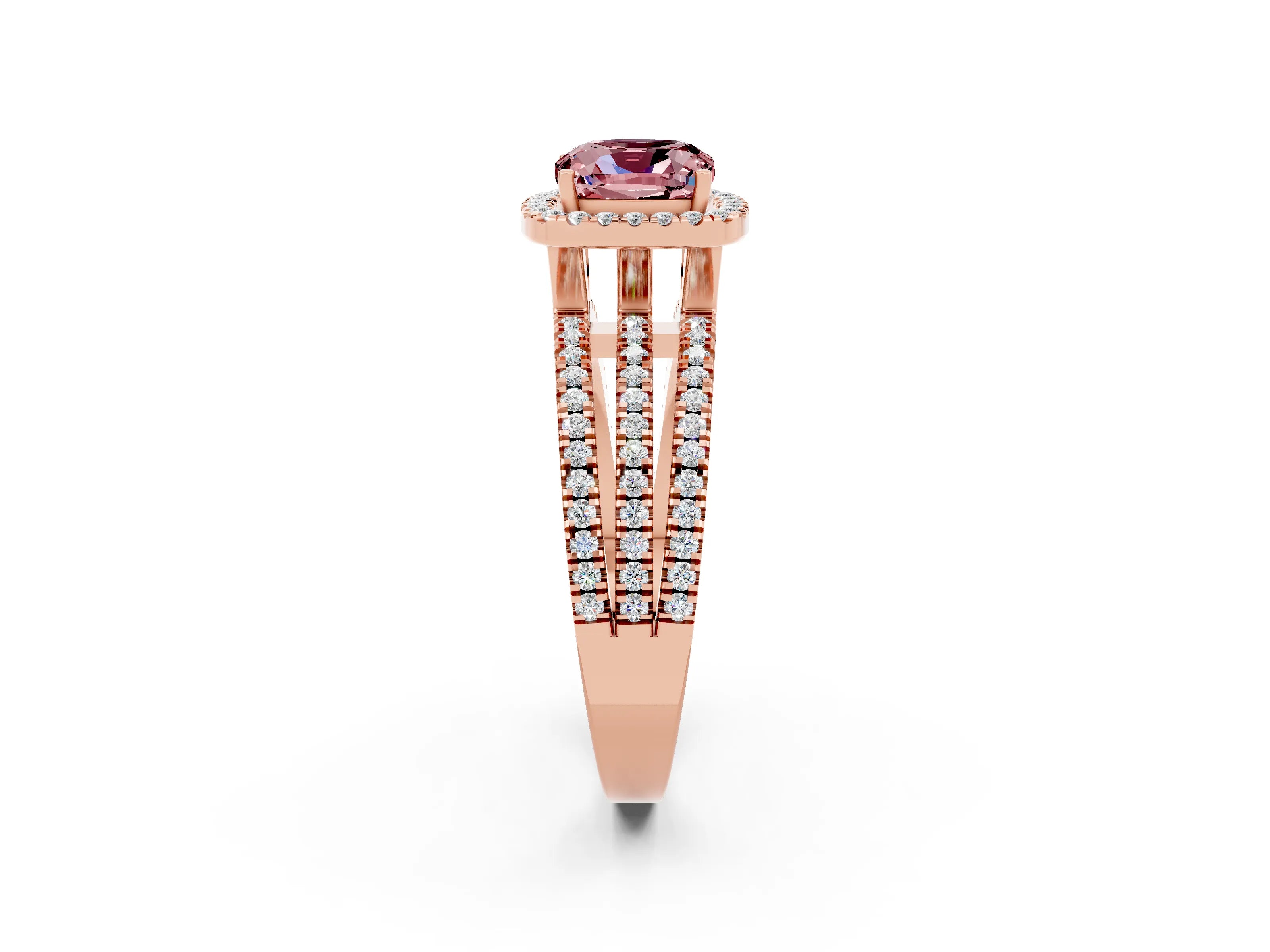 Rose gold {shape_name} Morganite Halo Engagement Ring with Split Shank and Four-Prong Setting_2