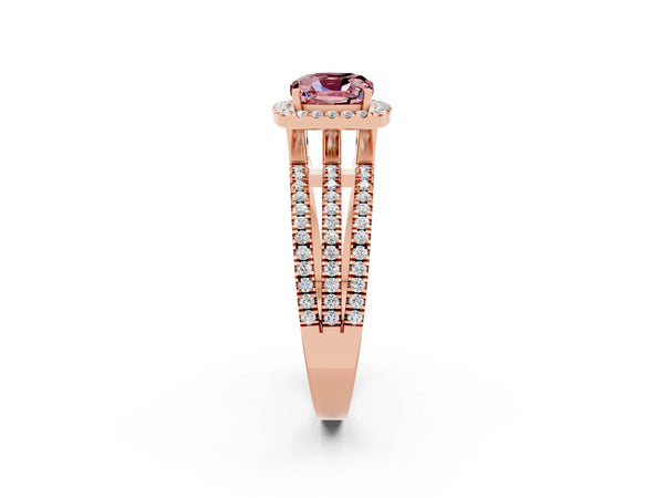 Rose gold Cushion Cut Morganite Halo Engagement Ring with Split Shank and Four-Prong Setting