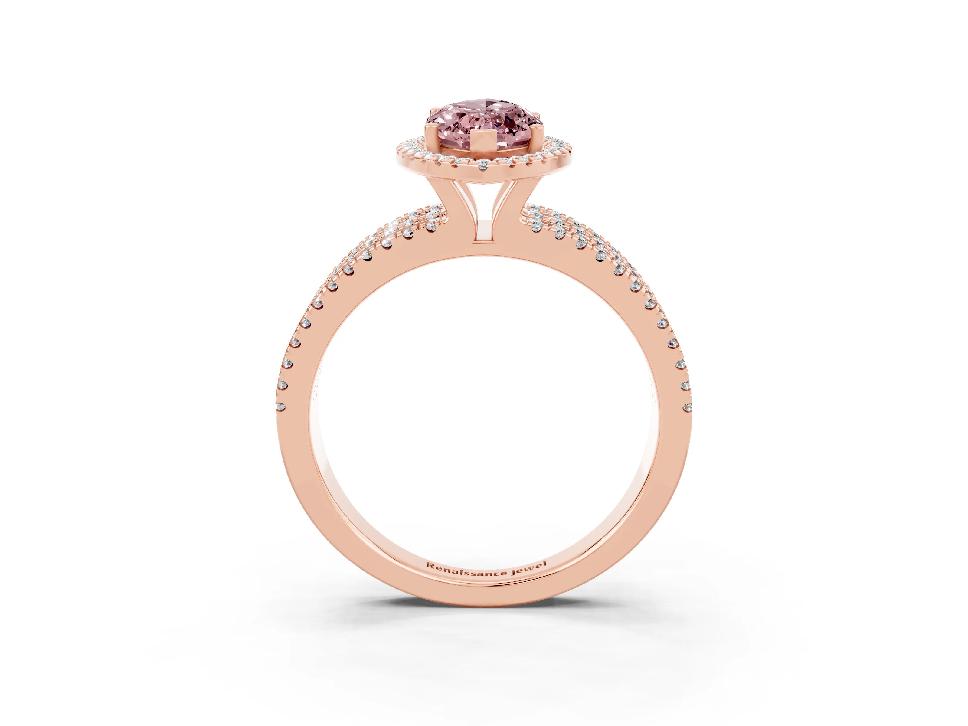 Rose gold {shape_name} Morganite Halo Engagement Ring with Split Shank and Four-Prong Setting_3