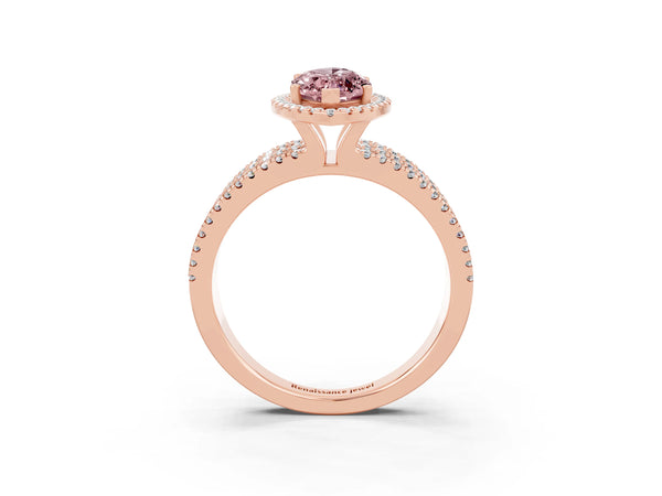 Rose gold Marquise Cut Morganite Halo Engagement Ring with Split Shank and Four-Prong Setting