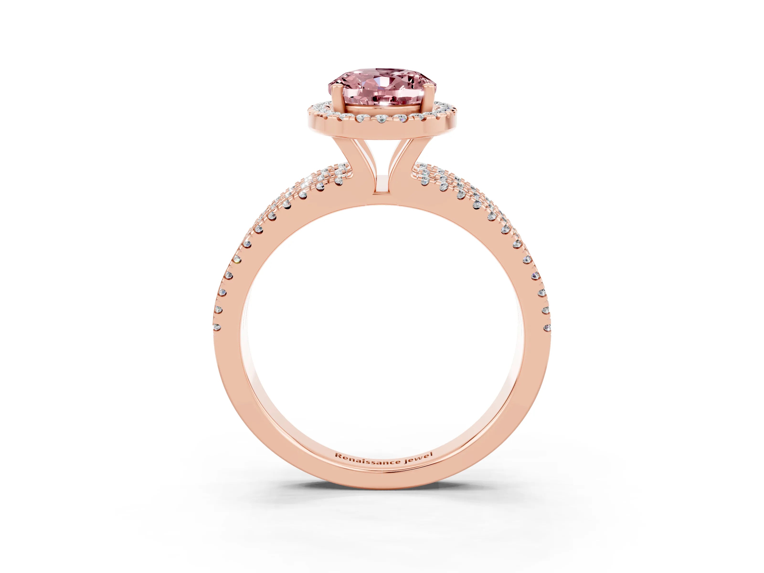 Rose gold {shape_name} Morganite Halo Engagement Ring with Split Shank and Four-Prong Setting_3
