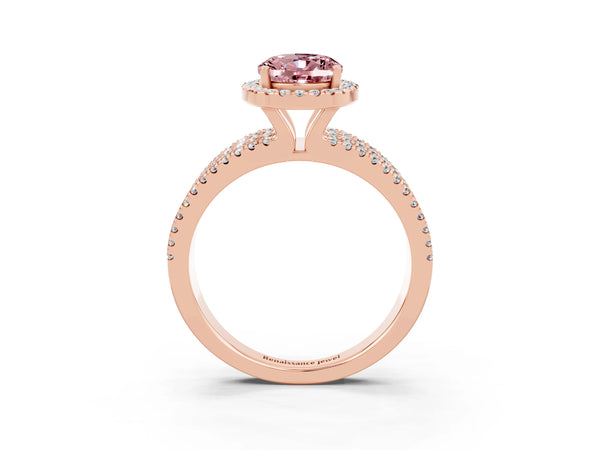 Rose gold Oval Cut Morganite Halo Engagement Ring with Split Shank and Four-Prong Setting