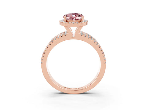 Rose gold {shape_name} Morganite Halo Engagement Ring with Split Shank and Four-Prong Setting_3