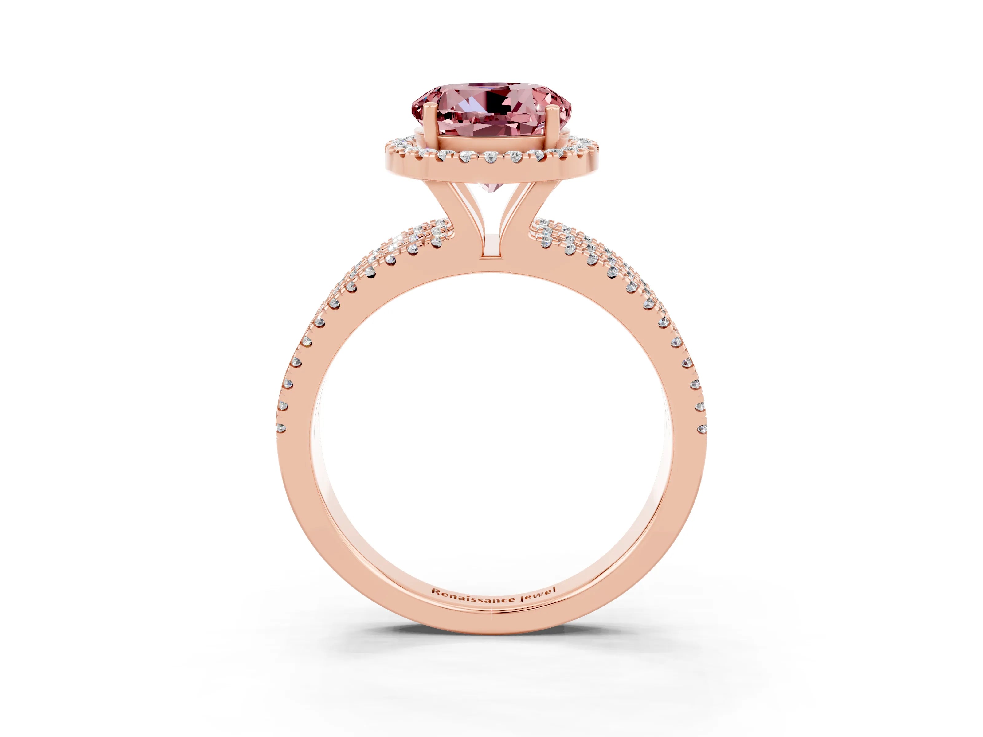Rose gold {shape_name} Morganite Halo Engagement Ring with Split Shank and Four-Prong Setting_3