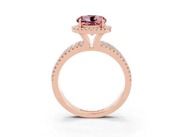 Rose gold Round Cut Morganite Halo Engagement Ring with Split Shank and Four-Prong Setting