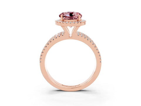 Rose gold {shape_name} Morganite Halo Engagement Ring with Split Shank and Four-Prong Setting_3