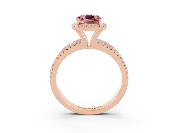 Rose gold Cushion Cut Morganite Halo Engagement Ring with Split Shank and Four-Prong Setting