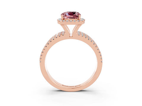 Rose gold {shape_name} Morganite Halo Engagement Ring with Split Shank and Four-Prong Setting_3