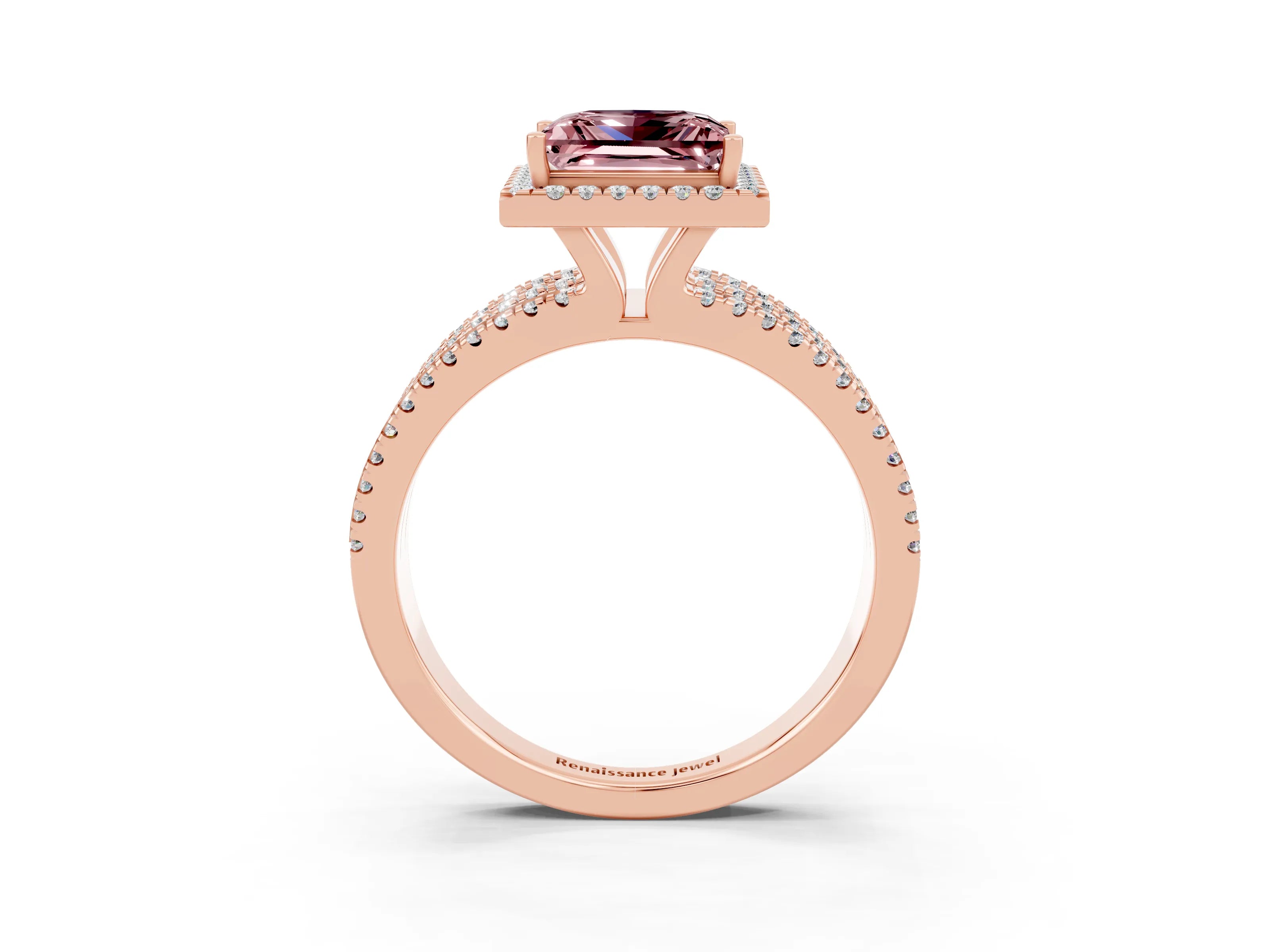 Rose gold {shape_name} Morganite Halo Engagement Ring with Split Shank and Four-Prong Setting_3