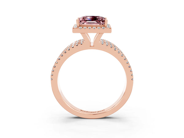Rose gold Princess Cut Morganite Halo Engagement Ring with Split Shank and Four-Prong Setting