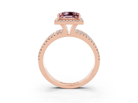 Rose gold {shape_name} Morganite Halo Engagement Ring with Split Shank and Four-Prong Setting_3