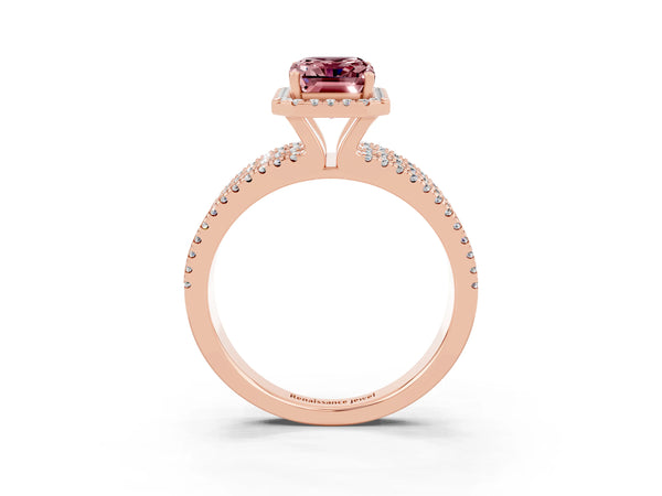 Rose gold Emerald Cut Morganite Halo Engagement Ring with Split Shank and Four-Prong Setting