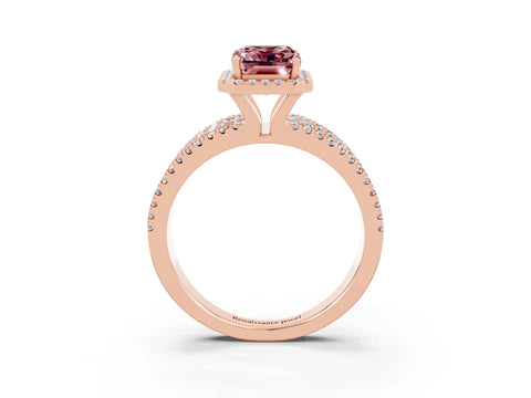 Rose gold {shape_name} Morganite Halo Engagement Ring with Split Shank and Four-Prong Setting_3