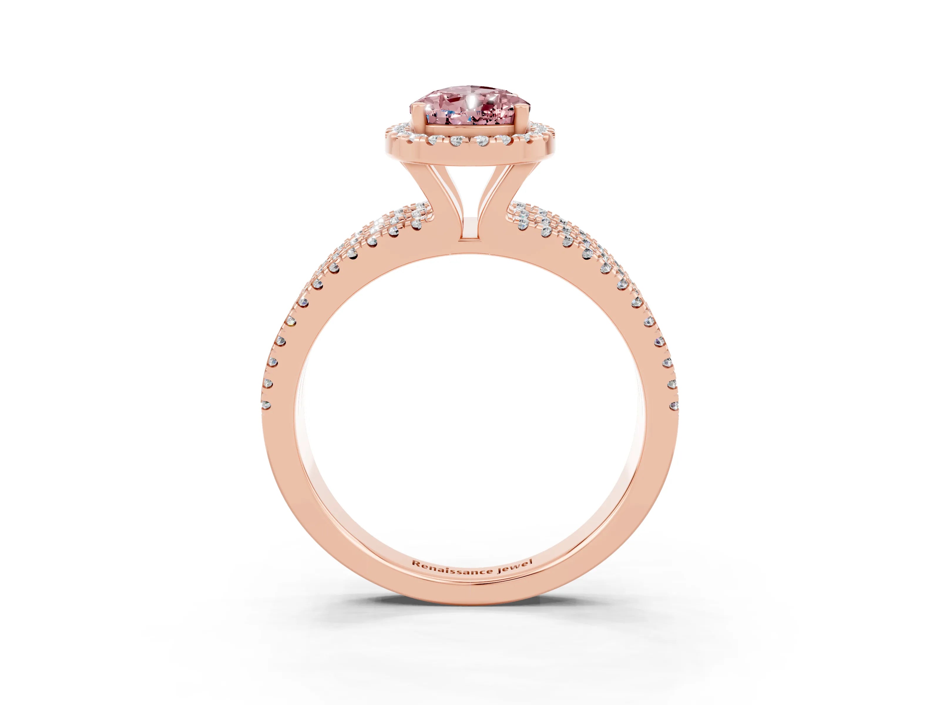 Rose gold {shape_name} Morganite Halo Engagement Ring with Split Shank and Four-Prong Setting_3