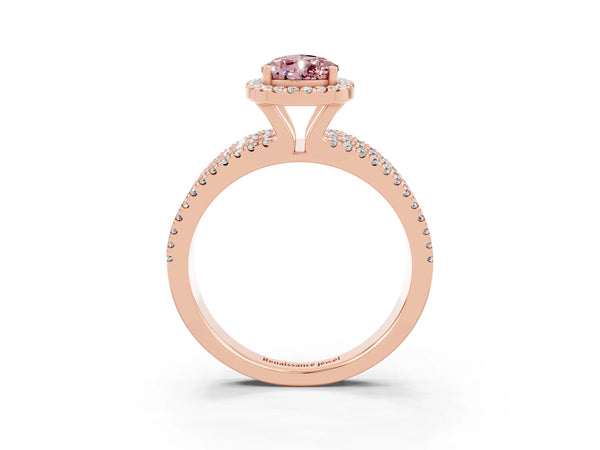 Rose gold Pear Cut Morganite Halo Engagement Ring with Split Shank and Four-Prong Setting