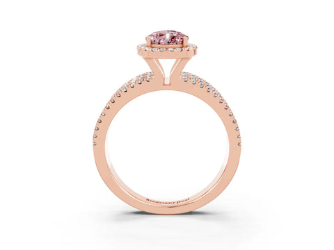 Rose gold {shape_name} Morganite Halo Engagement Ring with Split Shank and Four-Prong Setting_3