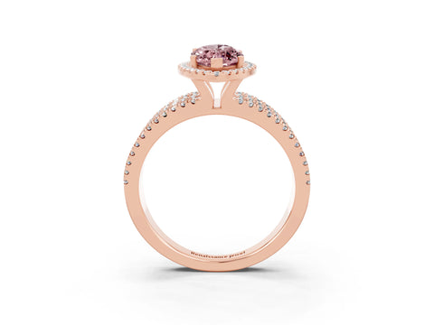Rose gold {shape_name} Morganite Halo Engagement Ring with Split Shank and Four-Prong Setting_3