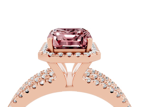 Rose gold {shape_name} Morganite Halo Engagement Ring with Split Shank and Four-Prong Setting_4