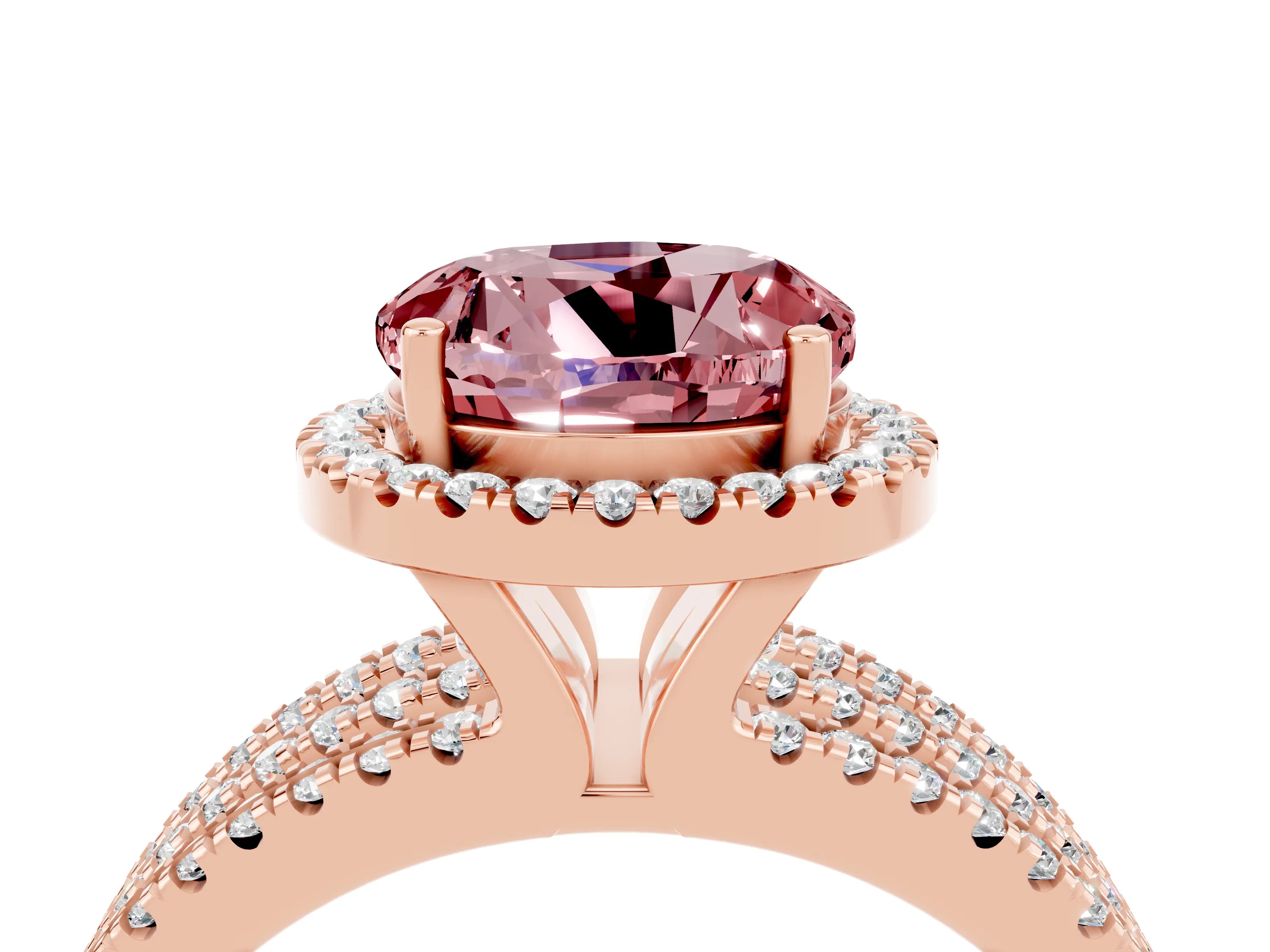 Rose gold {shape_name} Morganite Halo Engagement Ring with Split Shank and Four-Prong Setting_4