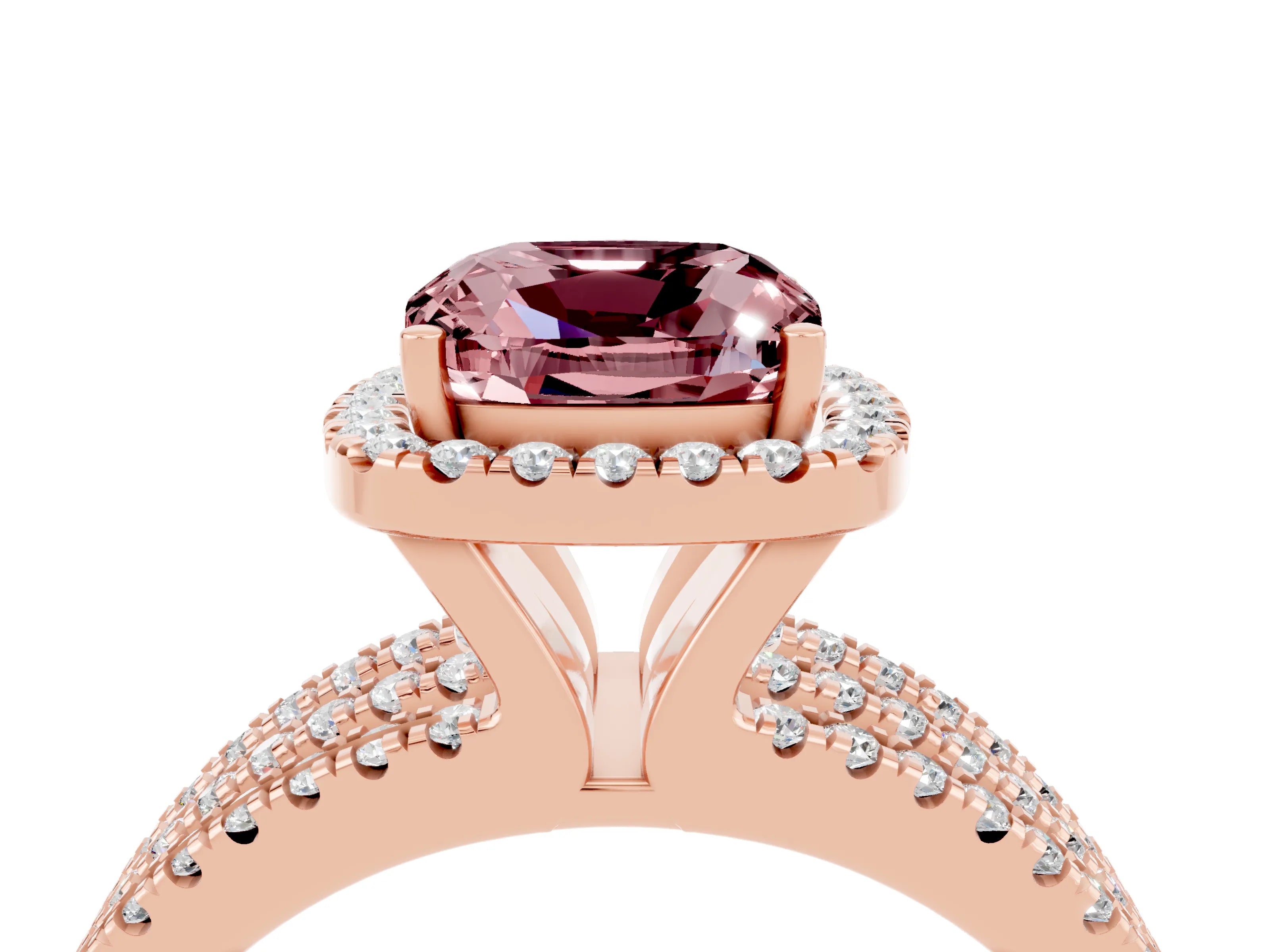 Rose gold {shape_name} Morganite Halo Engagement Ring with Split Shank and Four-Prong Setting_4
