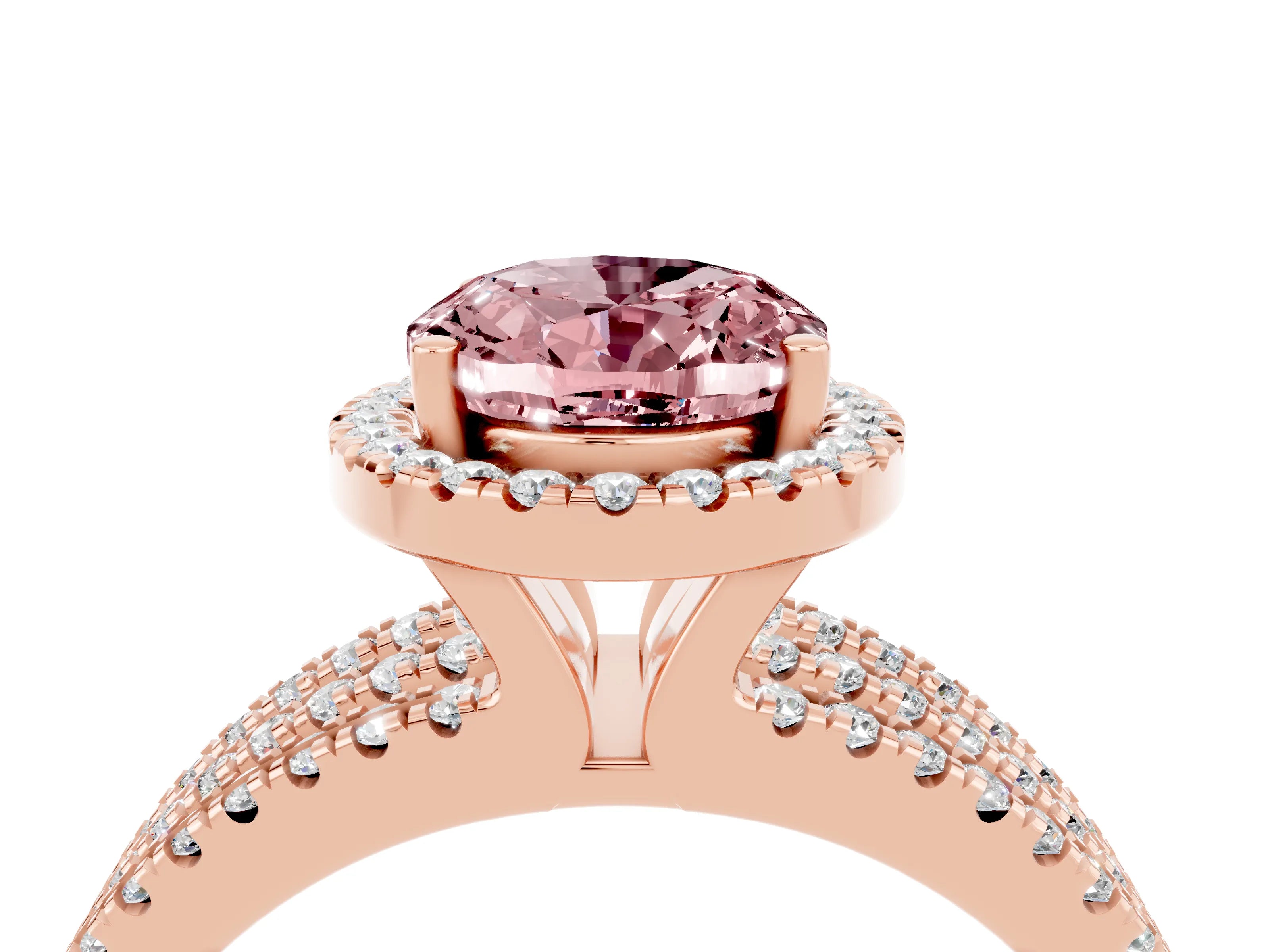Rose gold {shape_name} Morganite Halo Engagement Ring with Split Shank and Four-Prong Setting_4