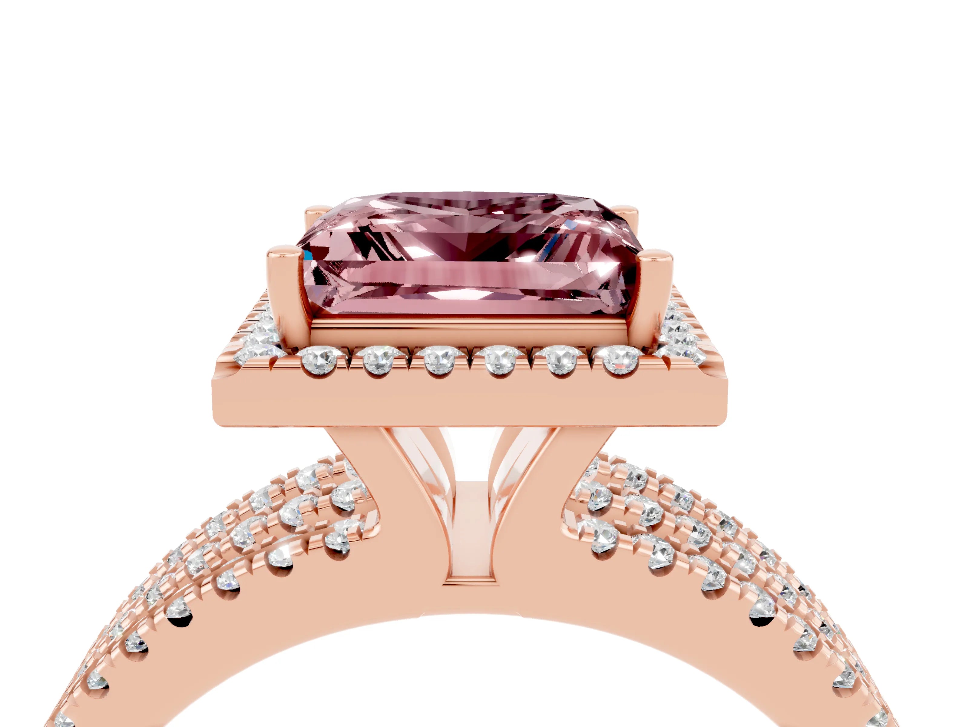 Rose gold {shape_name} Morganite Halo Engagement Ring with Split Shank and Four-Prong Setting_4
