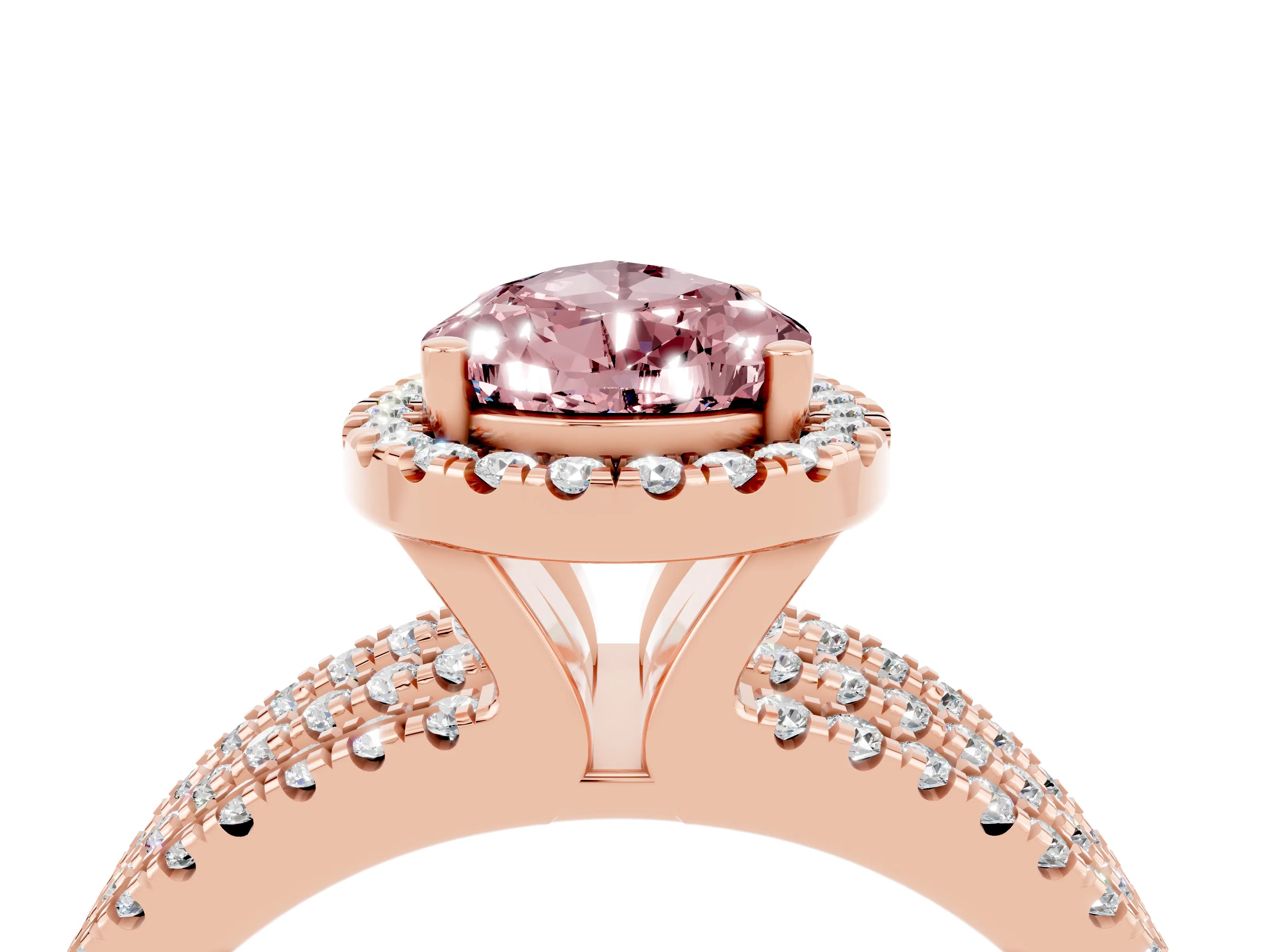 Rose gold {shape_name} Morganite Halo Engagement Ring with Split Shank and Four-Prong Setting_4