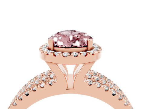 Rose gold {shape_name} Morganite Halo Engagement Ring with Split Shank and Four-Prong Setting_4