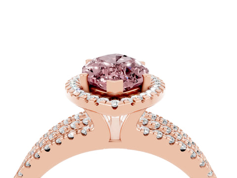 Rose gold {shape_name} Morganite Halo Engagement Ring with Split Shank and Four-Prong Setting_4