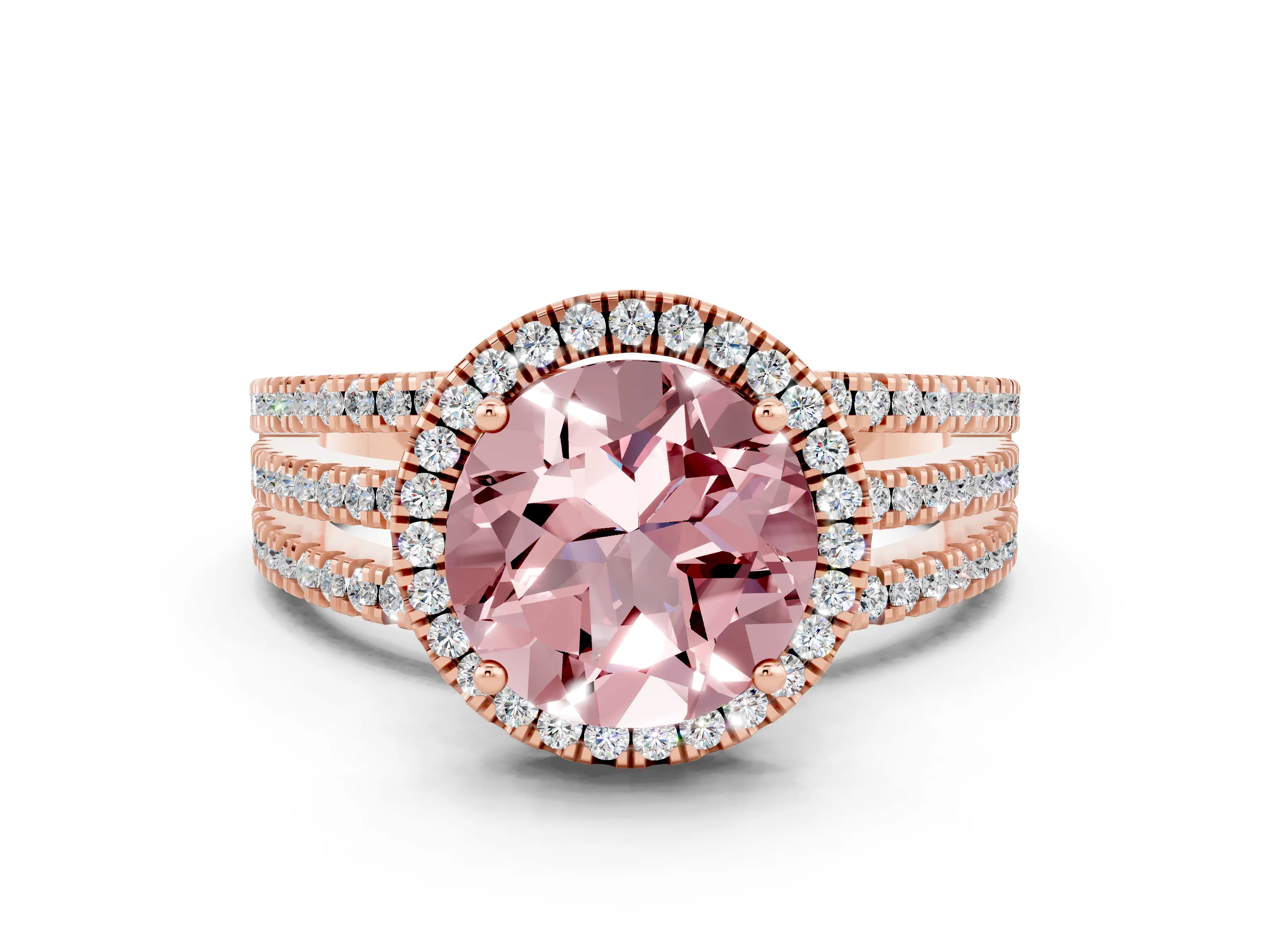 Rose gold {shape_name} Morganite Halo Engagement Ring with Split Shank and Four-Prong Setting