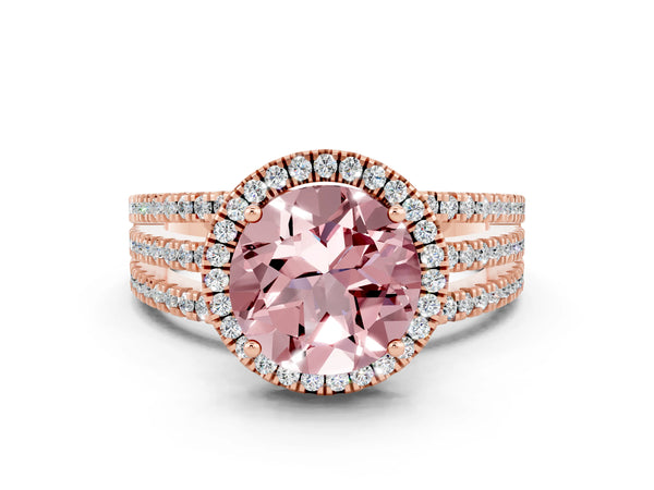 Rose gold Round Cut Morganite Halo Engagement Ring with Split Shank and Four-Prong Setting