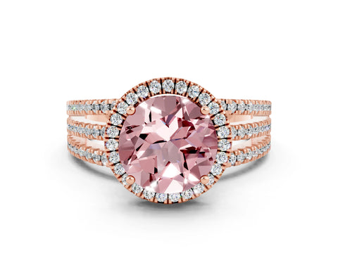 Rose gold {shape_name} Morganite Halo Engagement Ring with Split Shank and Four-Prong Setting