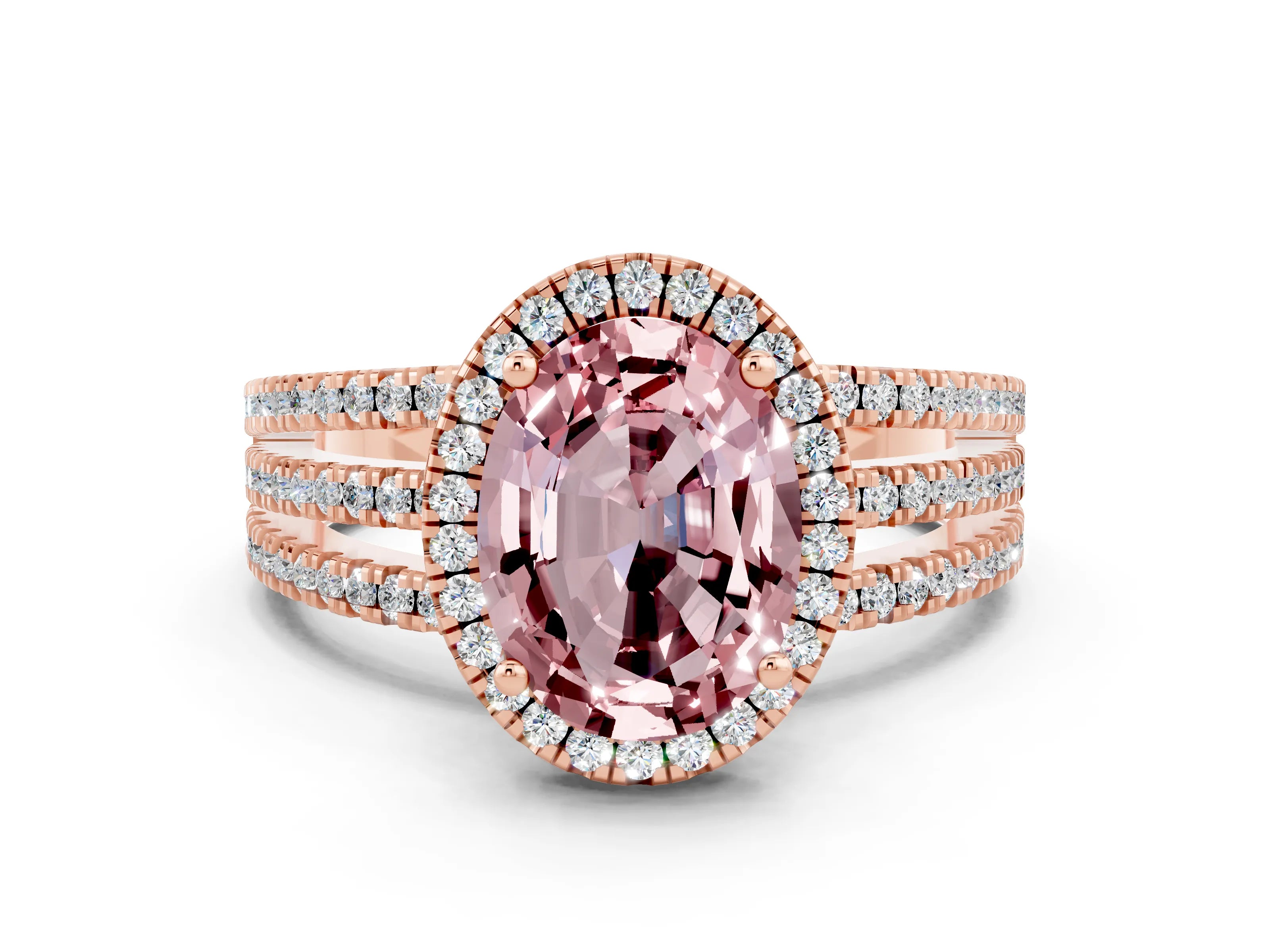Rose gold {shape_name} Morganite Halo Engagement Ring with Split Shank and Four-Prong Setting