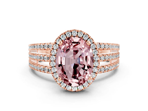 Rose gold Oval Cut Morganite Halo Engagement Ring with Split Shank and Four-Prong Setting