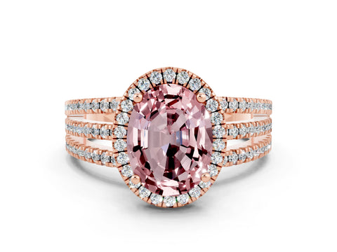 Rose gold {shape_name} Morganite Halo Engagement Ring with Split Shank and Four-Prong Setting