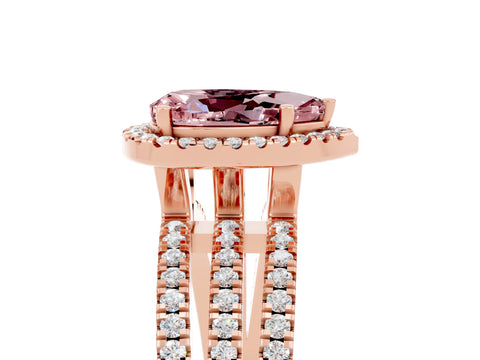 Rose gold {shape_name} Morganite Halo Engagement Ring with Split Shank and Four-Prong Setting_5
