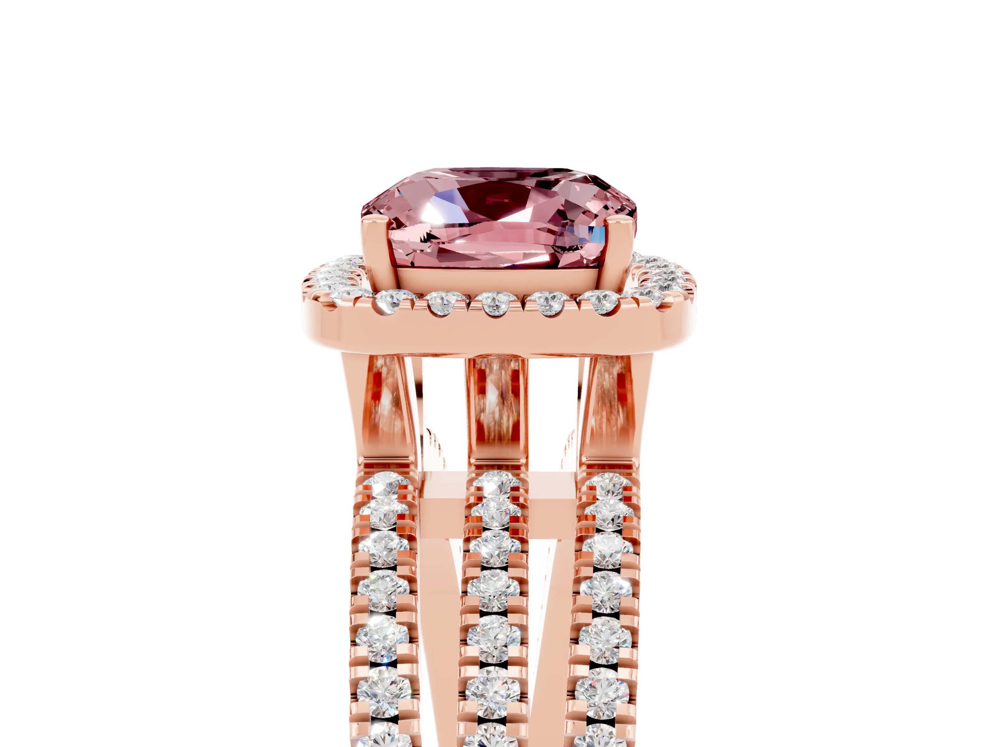 Rose gold {shape_name} Morganite Halo Engagement Ring with Split Shank and Four-Prong Setting_5