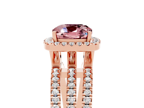 Rose gold {shape_name} Morganite Halo Engagement Ring with Split Shank and Four-Prong Setting_5