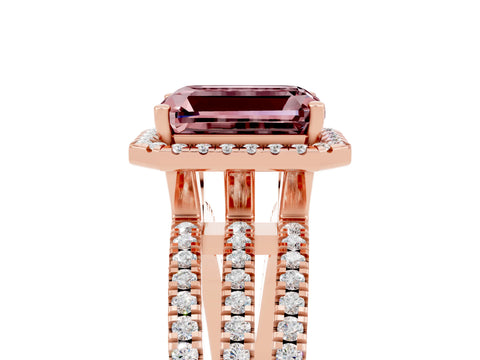 Rose gold {shape_name} Morganite Halo Engagement Ring with Split Shank and Four-Prong Setting_5
