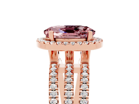 Rose gold {shape_name} Morganite Halo Engagement Ring with Split Shank and Four-Prong Setting_5