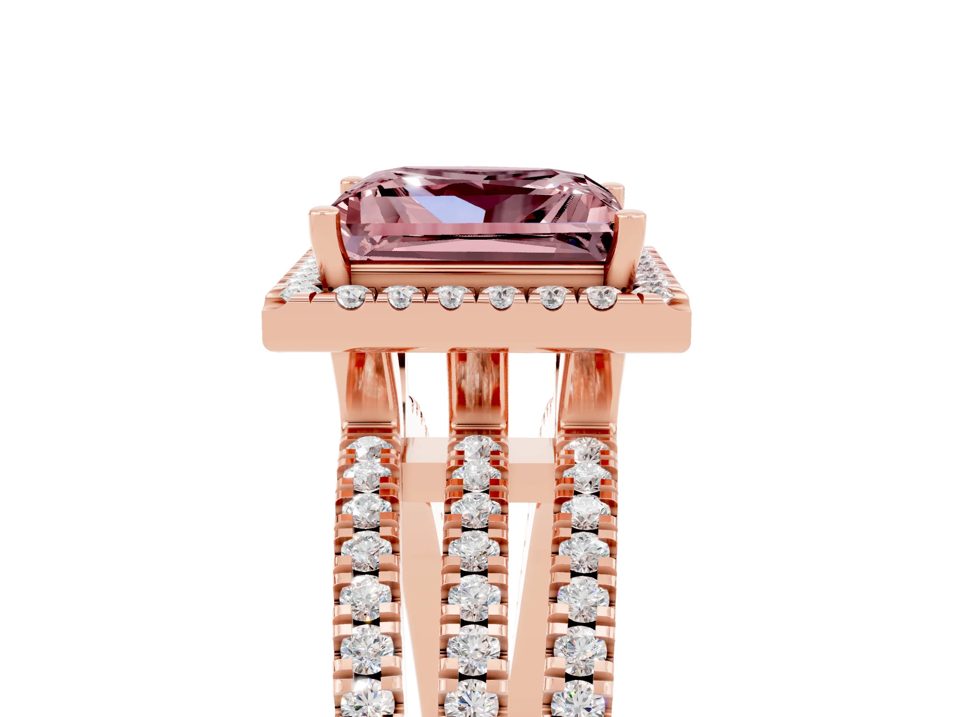 Rose gold {shape_name} Morganite Halo Engagement Ring with Split Shank and Four-Prong Setting_5