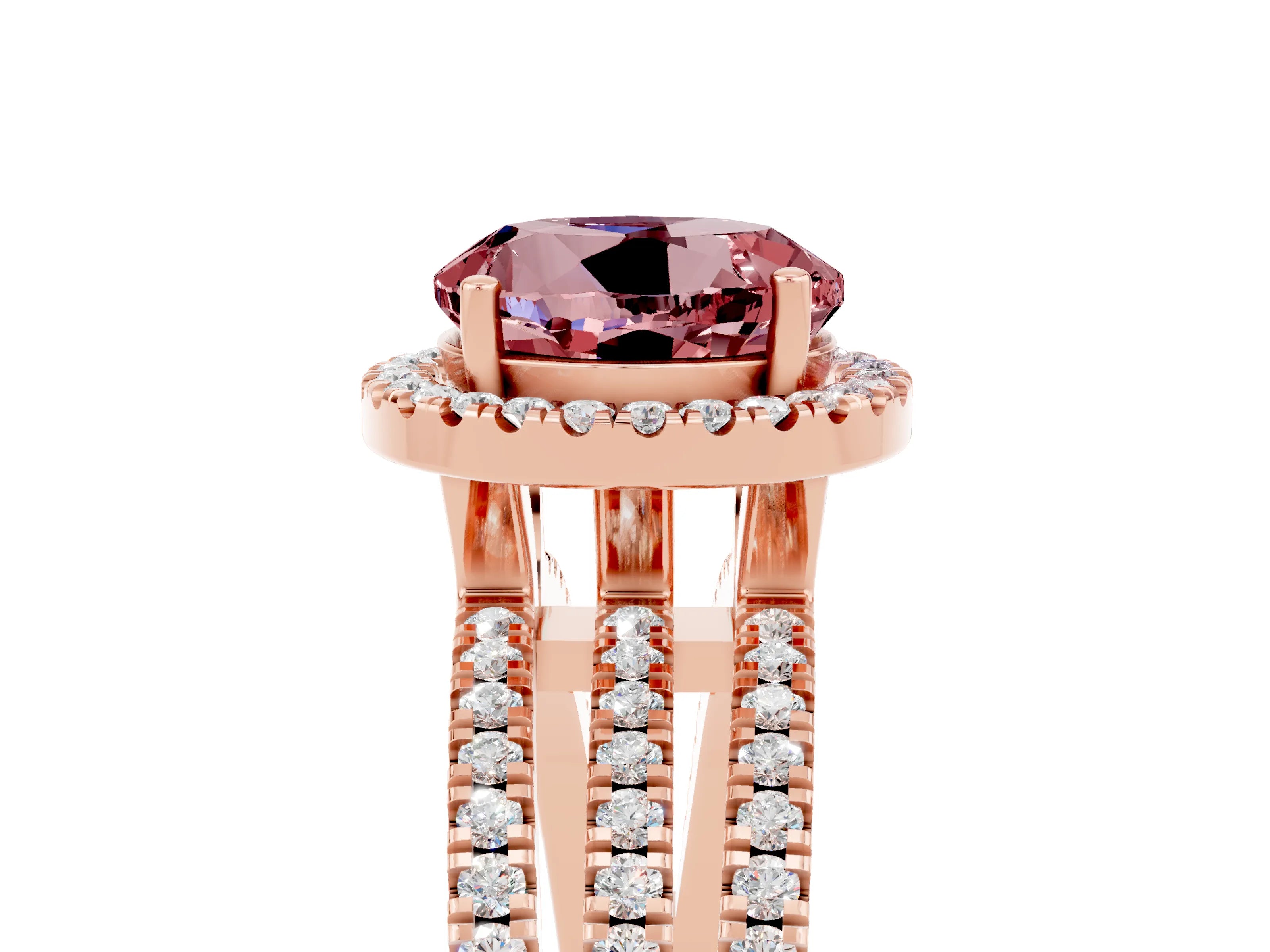 Rose gold {shape_name} Morganite Halo Engagement Ring with Split Shank and Four-Prong Setting_5