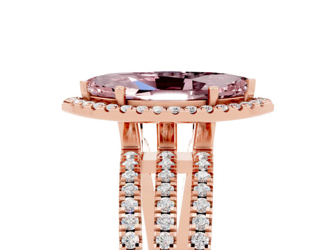 Rose gold {shape_name} Morganite Halo Engagement Ring with Split Shank and Four-Prong Setting_5