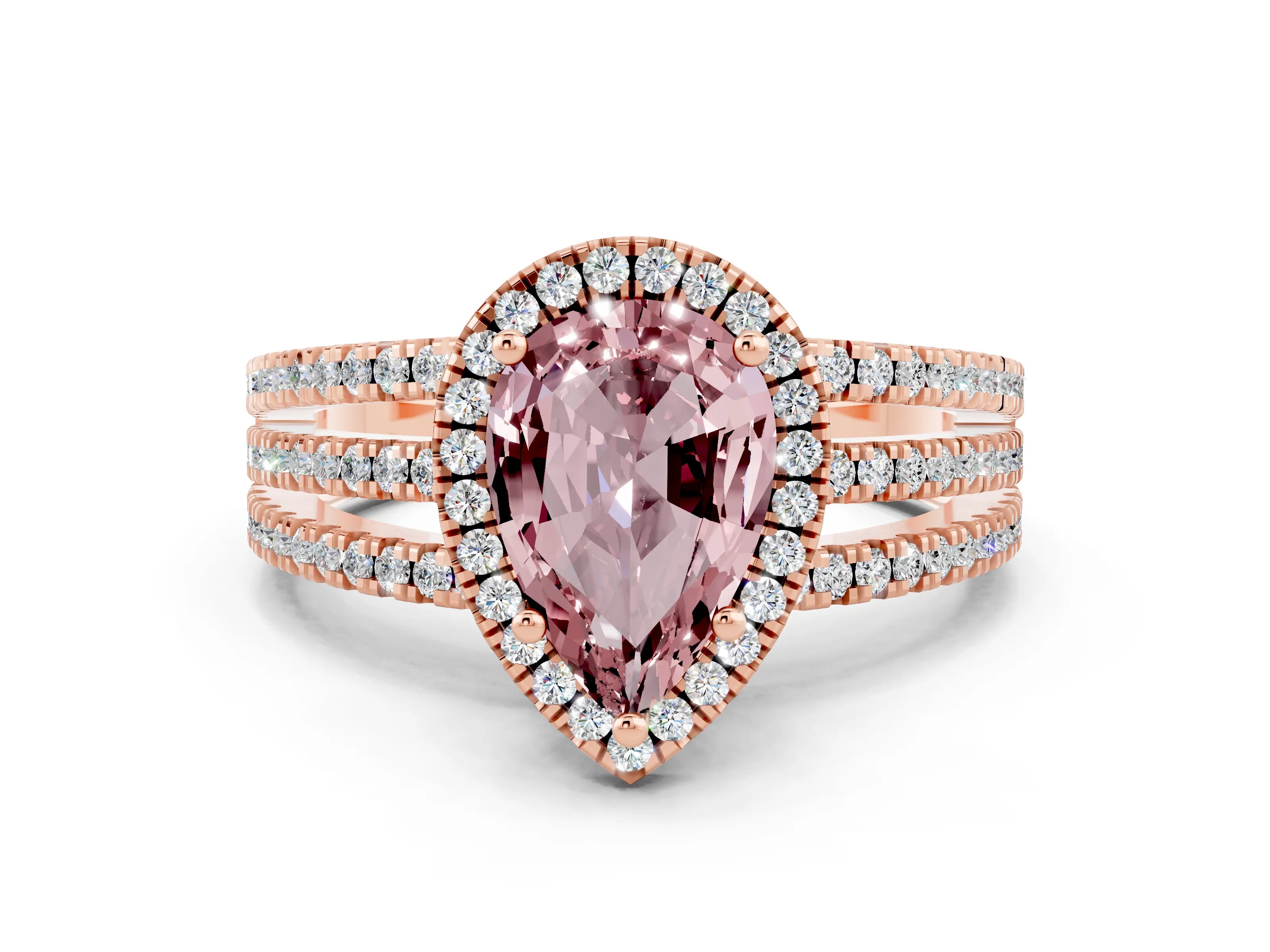 Rose gold {shape_name} Morganite Halo Engagement Ring with Split Shank and Four-Prong Setting