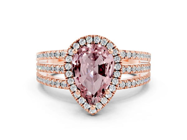 Rose gold Pear Cut Morganite Halo Engagement Ring with Split Shank and Four-Prong Setting