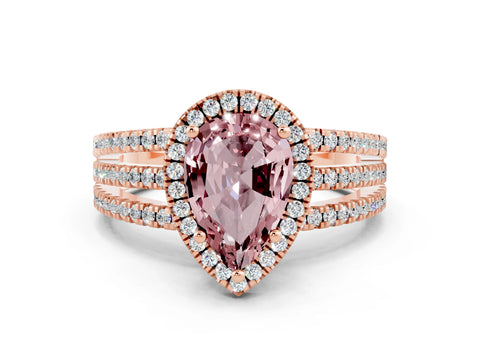 Rose gold {shape_name} Morganite Halo Engagement Ring with Split Shank and Four-Prong Setting