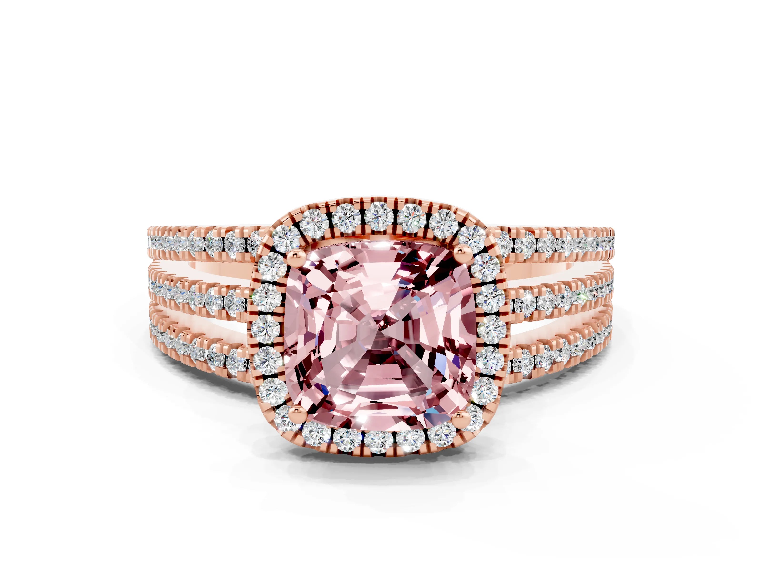 Rose gold {shape_name} Morganite Halo Engagement Ring with Split Shank and Four-Prong Setting