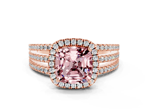 Rose gold Cushion Cut Morganite Halo Engagement Ring with Split Shank and Four-Prong Setting