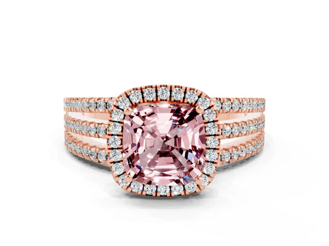 Rose gold {shape_name} Morganite Halo Engagement Ring with Split Shank and Four-Prong Setting